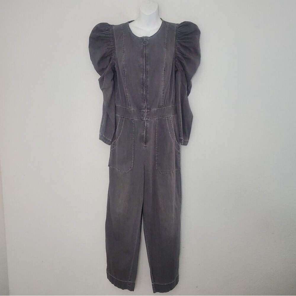 Rebecca Taylor La Vie Women's Jumpsuit Medium Gray Denim Puff Sleeves Wide Leg